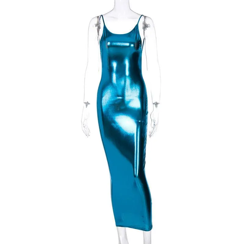 Spaghetti Strap Slim Sexy Backless Sleeveless Robe Stylish Metallic Color Night Club Dress