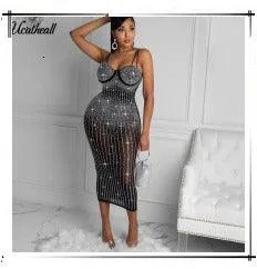 Spaghetti Strap Slim Sexy Backless Sleeveless Robe Stylish Metallic Color Night Club Dress