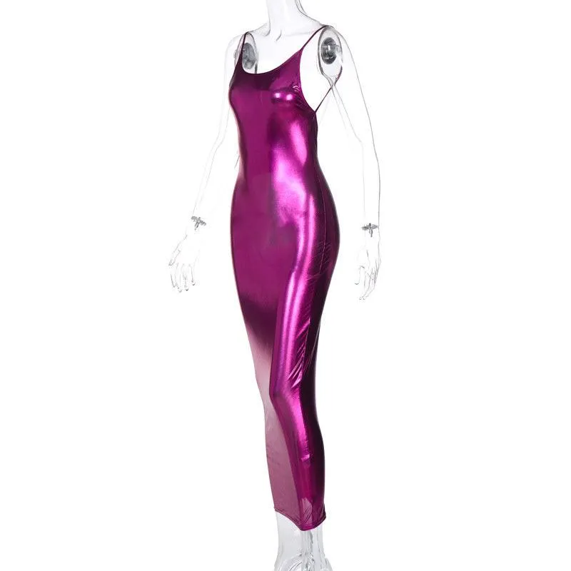 Spaghetti Strap Slim Sexy Backless Sleeveless Robe Stylish Metallic Color Night Club Dress