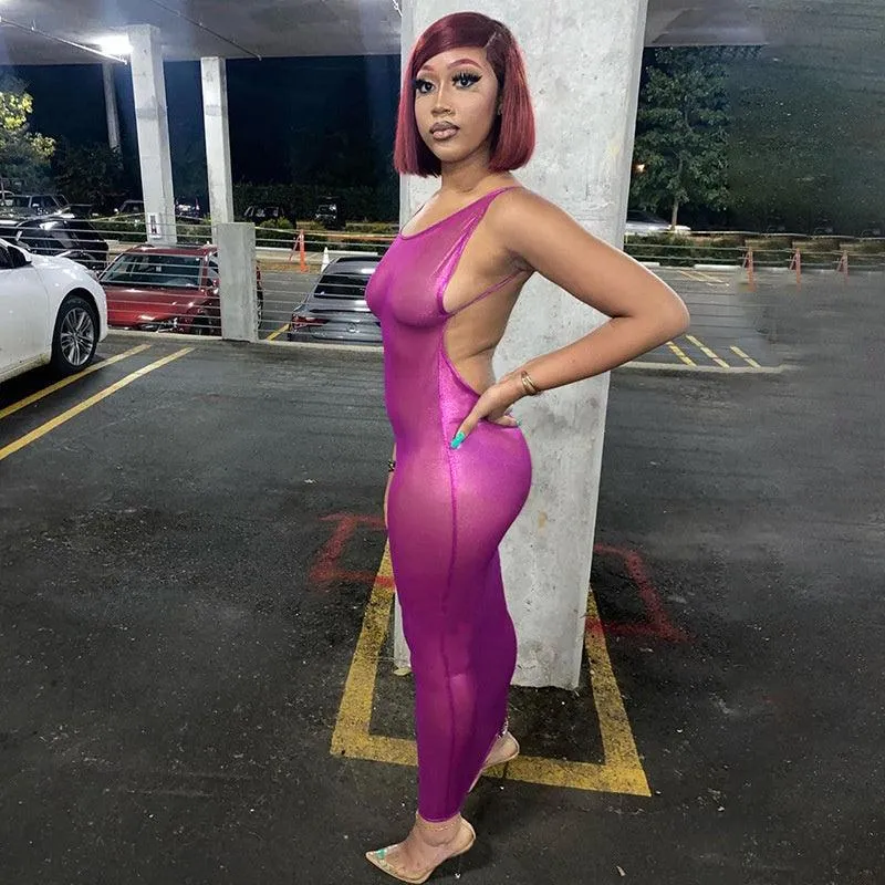 Spaghetti Strap Slim Sexy Backless Sleeveless Robe Stylish Metallic Color Night Club Dress