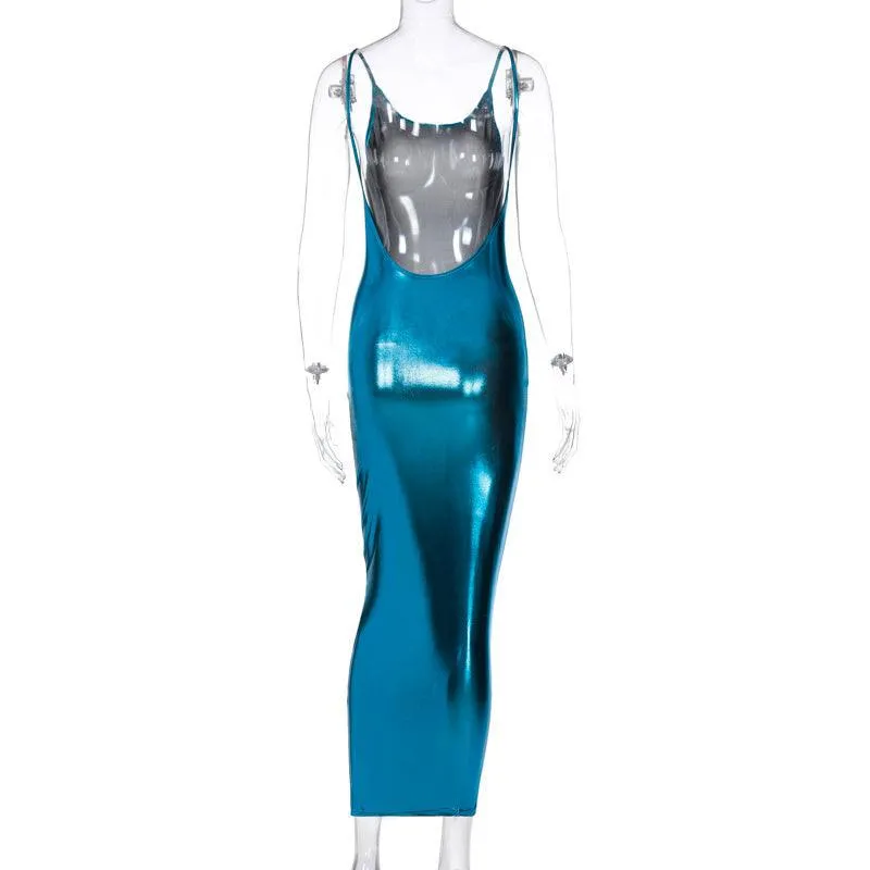 Spaghetti Strap Slim Sexy Backless Sleeveless Robe Stylish Metallic Color Night Club Dress