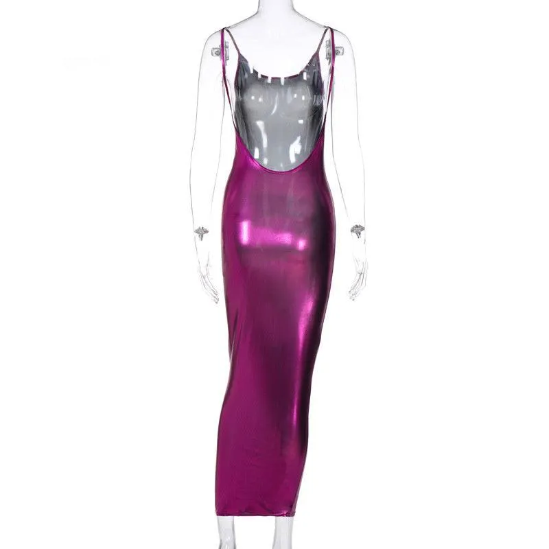 Spaghetti Strap Slim Sexy Backless Sleeveless Robe Stylish Metallic Color Night Club Dress