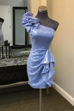 Sparkly One Shoulder Sequins Bodycon Short Homecoming Dresses with Ruffles