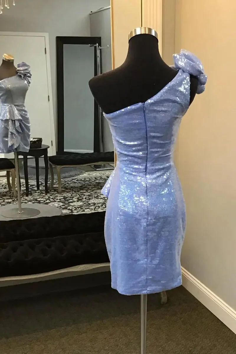 Sparkly One Shoulder Sequins Bodycon Short Homecoming Dresses with Ruffles
