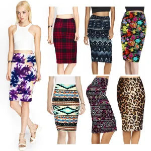 Spring Summer Vintage Fashion Printed Pencil Skirt Midi Women Knee-Length Elastic High Waist Ladies Pattern Skirts D40