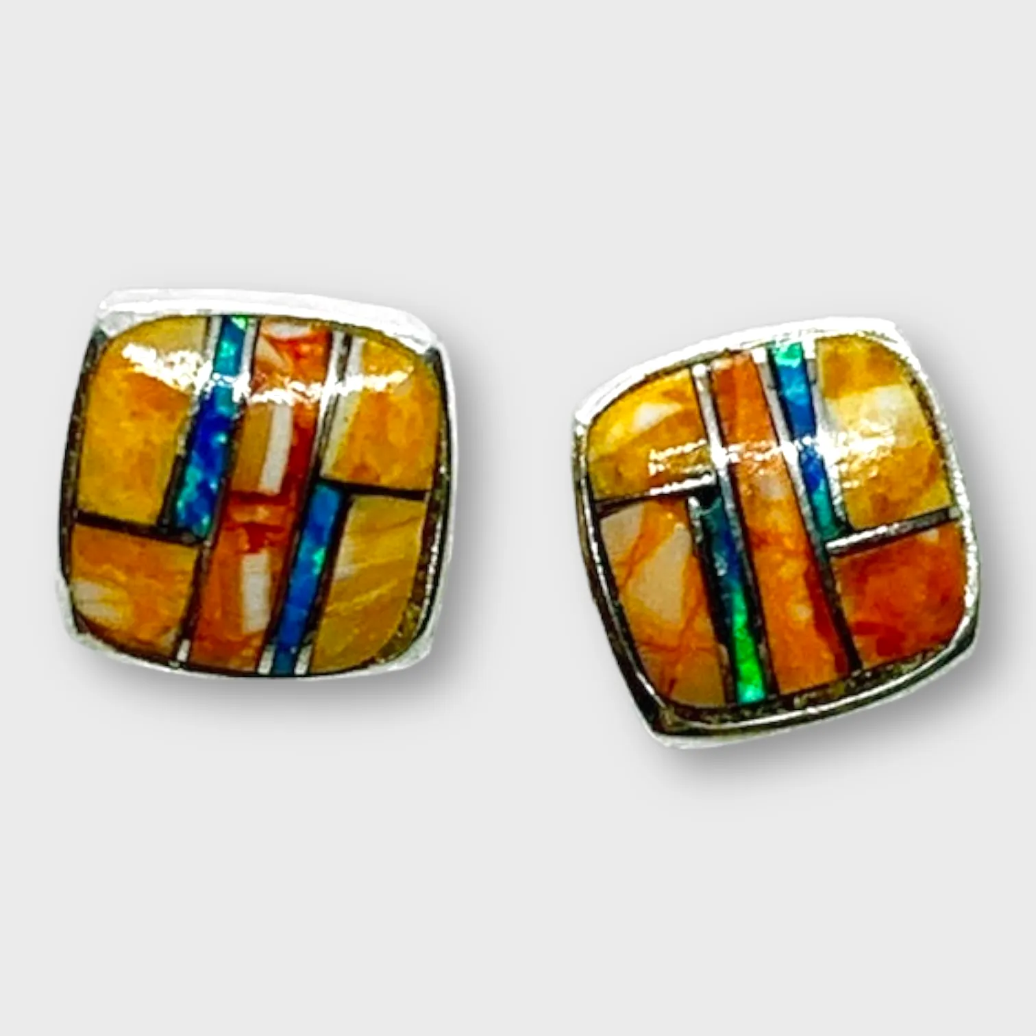 Sterling Silver Handmade Inlay Stones With opal Small Square Stud Earrings