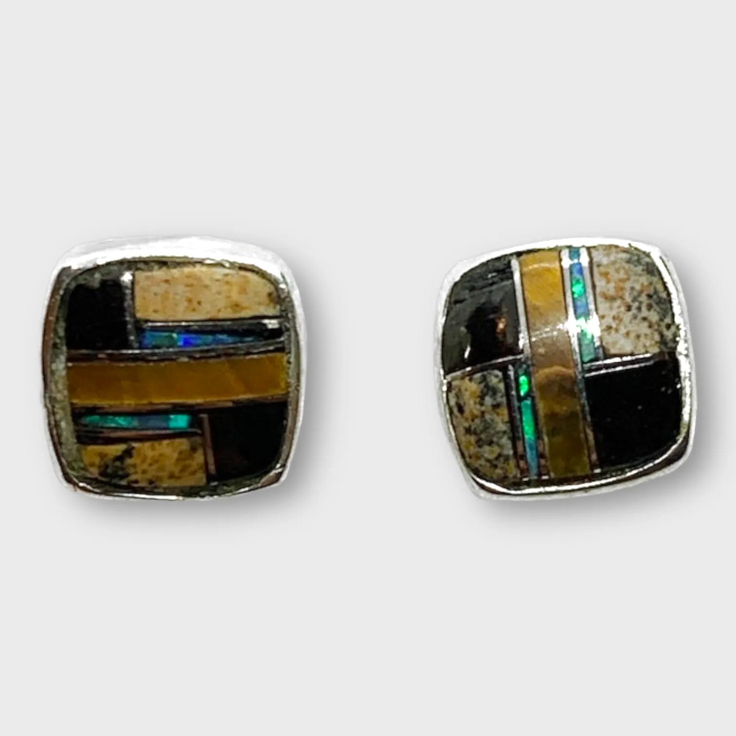 Sterling Silver Handmade Inlay Stones With opal Small Square Stud Earrings