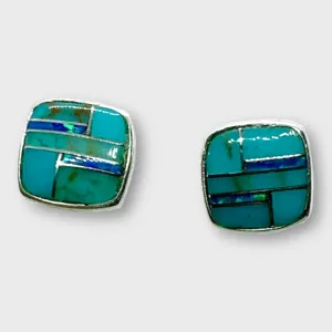 Sterling Silver Handmade Inlay Stones With opal Small Square Stud Earrings