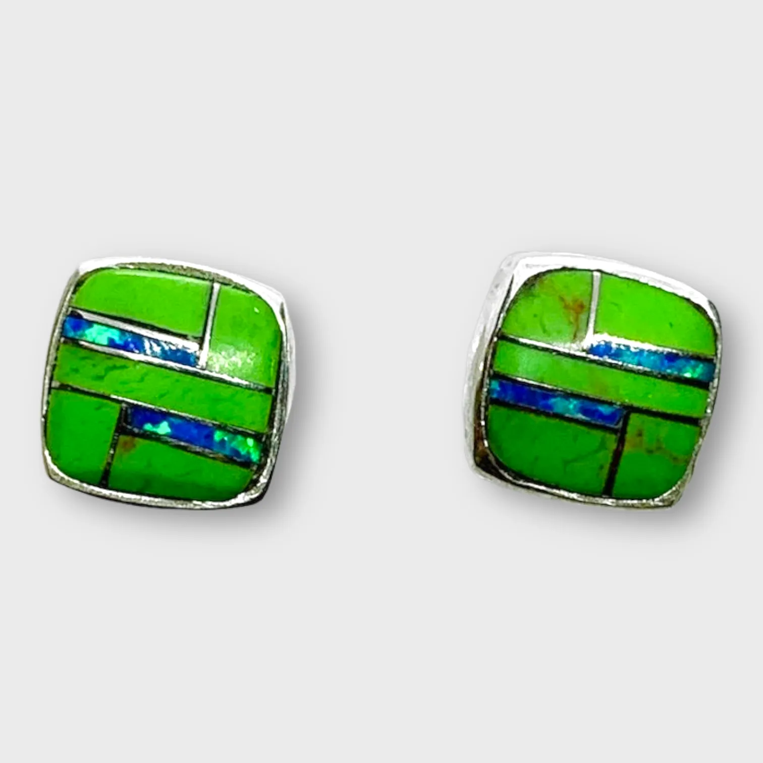 Sterling Silver Handmade Inlay Stones With opal Small Square Stud Earrings