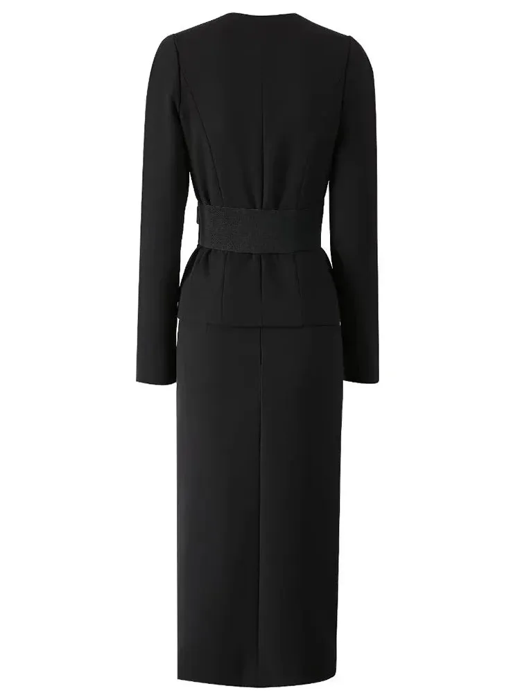 Tami V-Neck Embroidery Appliques Jacket   Slit Pencil Skirt Office Lady Two Piece Set