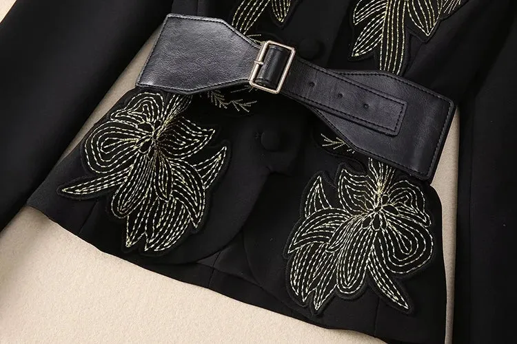 Tami V-Neck Embroidery Appliques Jacket   Slit Pencil Skirt Office Lady Two Piece Set