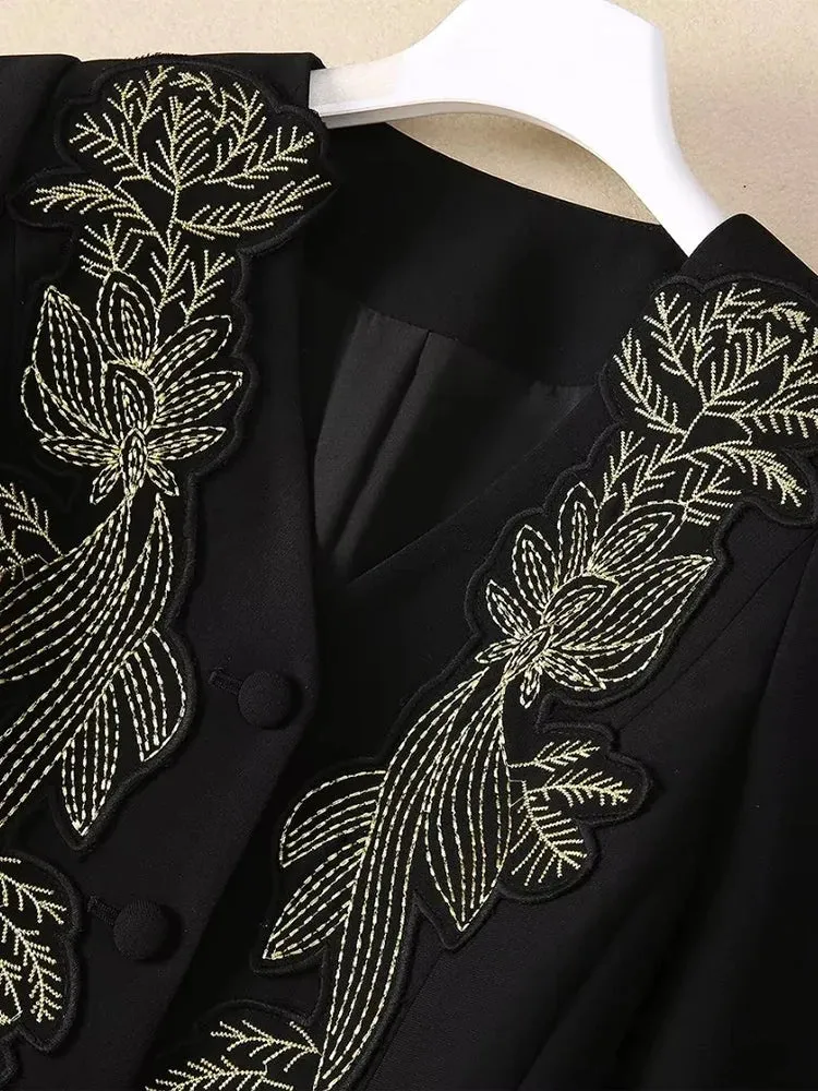 Tami V-Neck Embroidery Appliques Jacket   Slit Pencil Skirt Office Lady Two Piece Set