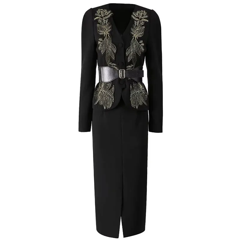 Tami V-Neck Embroidery Appliques Jacket   Slit Pencil Skirt Office Lady Two Piece Set
