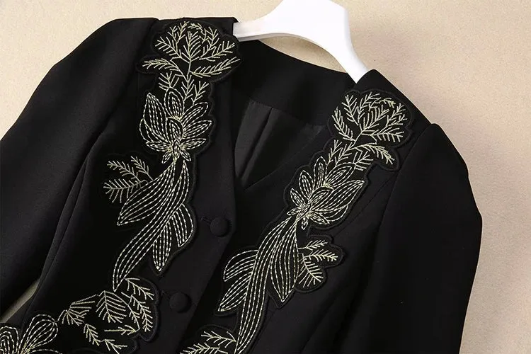 Tami V-Neck Embroidery Appliques Jacket   Slit Pencil Skirt Office Lady Two Piece Set