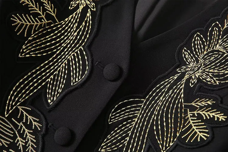 Tami V-Neck Embroidery Appliques Jacket   Slit Pencil Skirt Office Lady Two Piece Set