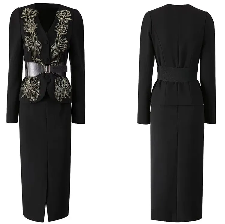 Tami V-Neck Embroidery Appliques Jacket   Slit Pencil Skirt Office Lady Two Piece Set