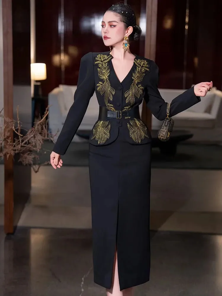 Tami V-Neck Embroidery Appliques Jacket   Slit Pencil Skirt Office Lady Two Piece Set