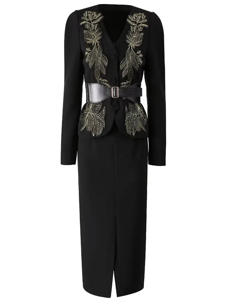 Tami V-Neck Embroidery Appliques Jacket   Slit Pencil Skirt Office Lady Two Piece Set