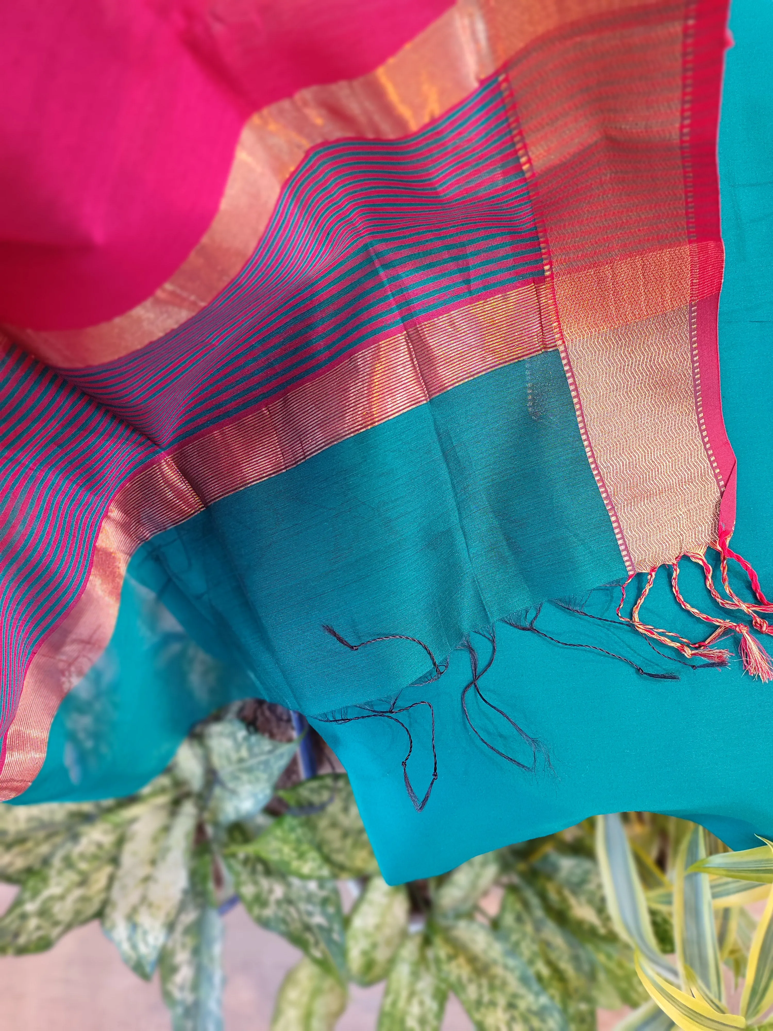 Teal Blue & Magenta Maheshwari Silk Suit Set