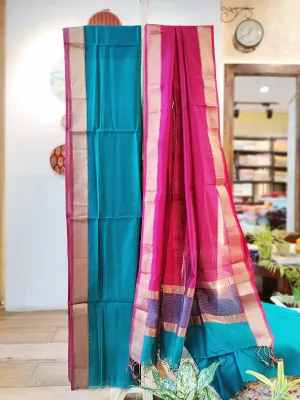 Teal Blue & Magenta Maheshwari Silk Suit Set