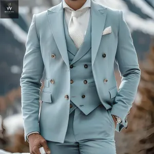 Three-Piece Blue Suit for Men - Custom Made Bespoke Wedding Suit with Double-Breasted Vest, Tailored Wedding Attire