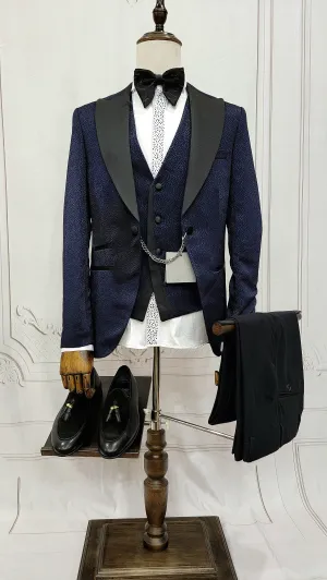 Three Piece Tuxedo Suit with Black Lapel, Matching Bow Tie and Pants.