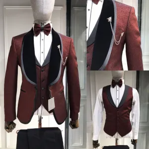 Three Piece Tuxedo Suit with Contrasting Black Velvet Lapel and Pants.