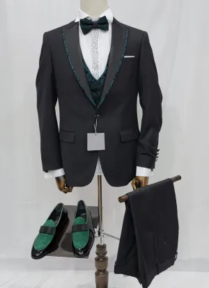 Three-Piece Tuxedo Suit with Contrasting green tapered accent, matching bow tie and Black Pants.
