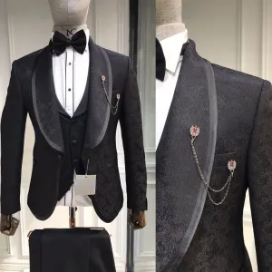 Three Pieces Tuxedo Suit with Black satin tapered Lapel, matching bow tie and Black Pants.