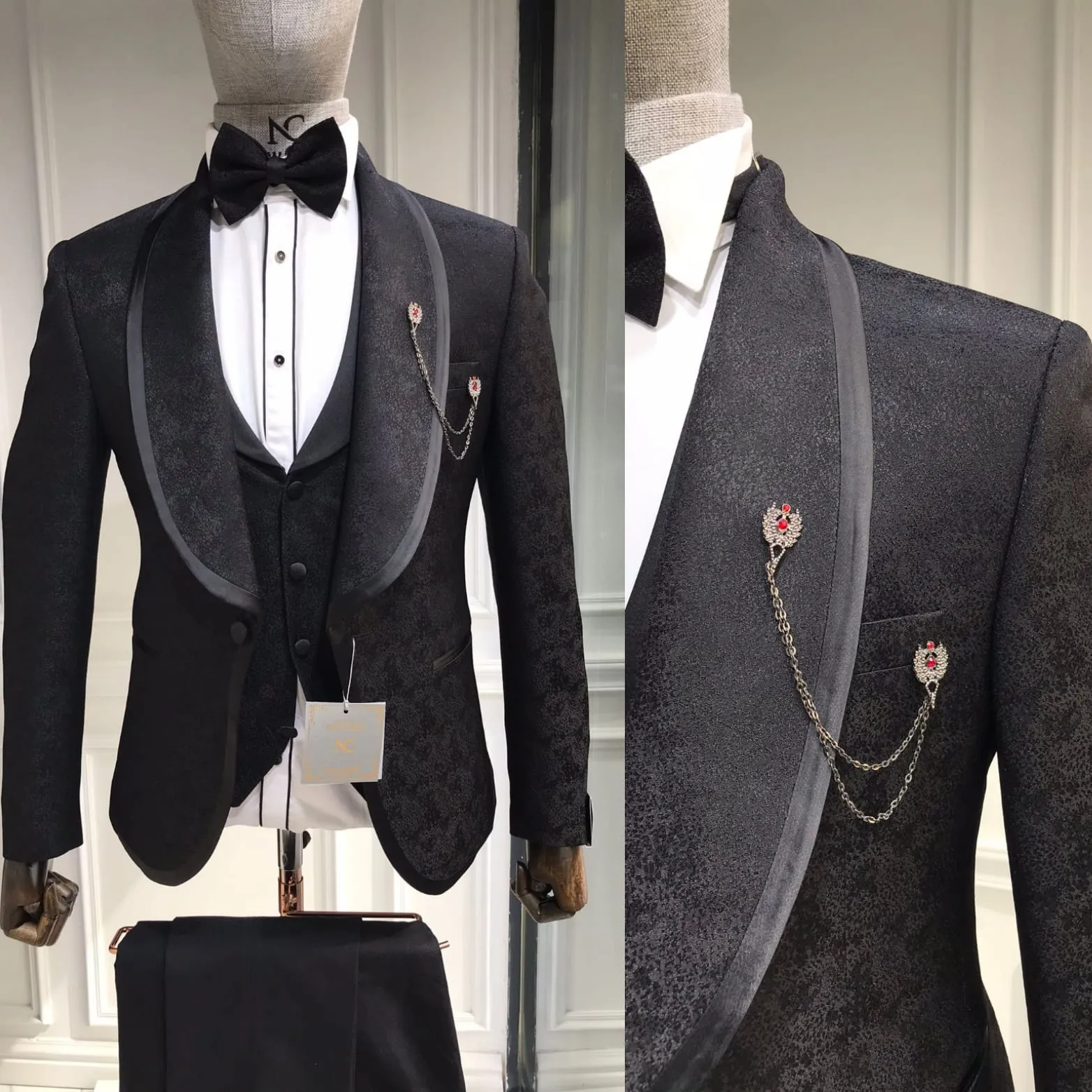 Three Pieces Tuxedo Suit with Black satin tapered Lapel, matching bow tie and Black Pants.