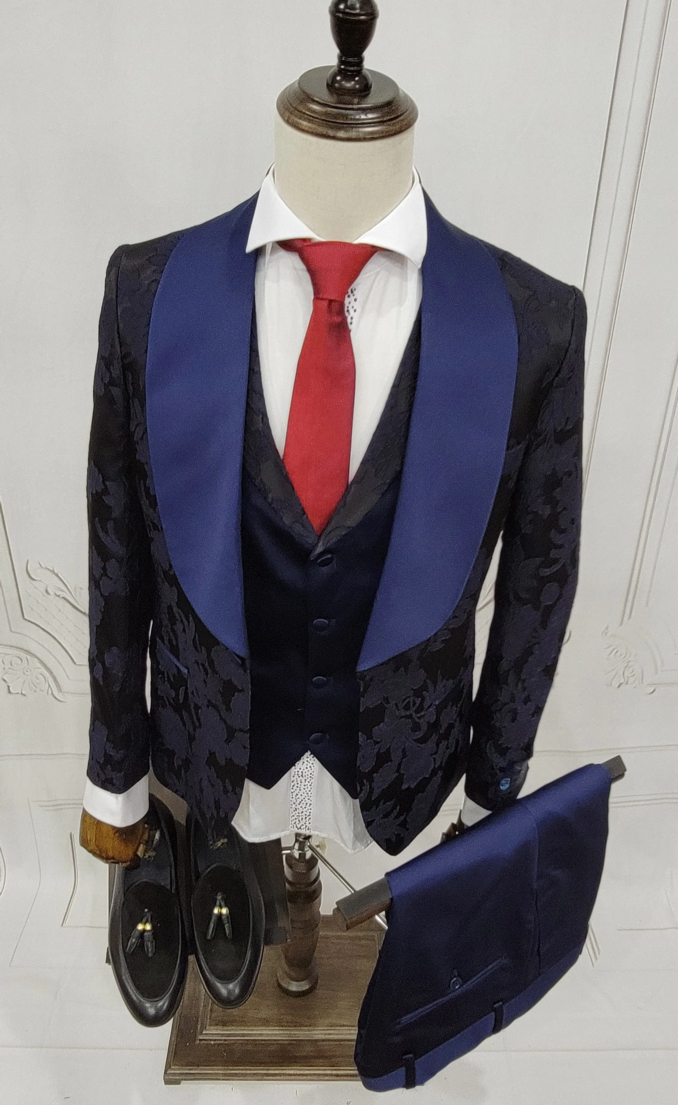 Three Pieces Tuxedo Suit with Blue satin Lapel, matching bow tie and Dress Pants.