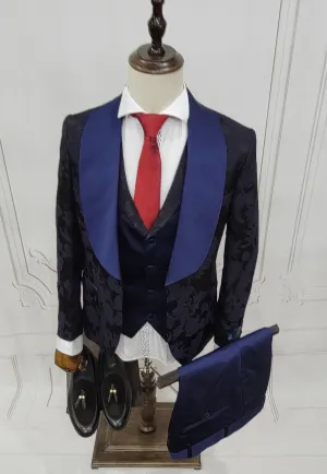 Three Pieces Tuxedo Suit with Blue satin Lapel, matching bow tie and Dress Pants.