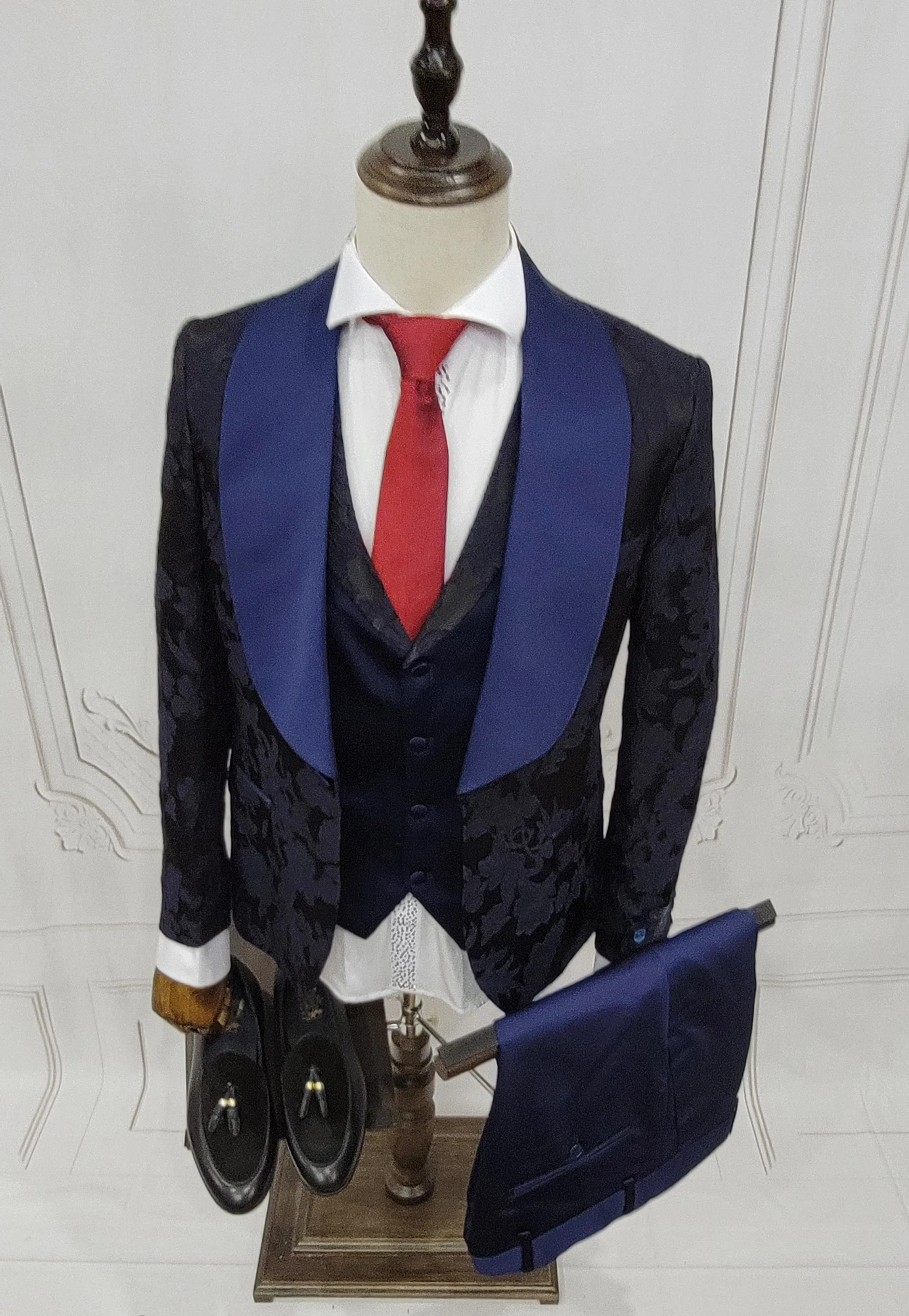 Three Pieces Tuxedo Suit with Blue satin Lapel, matching bow tie and Dress Pants.
