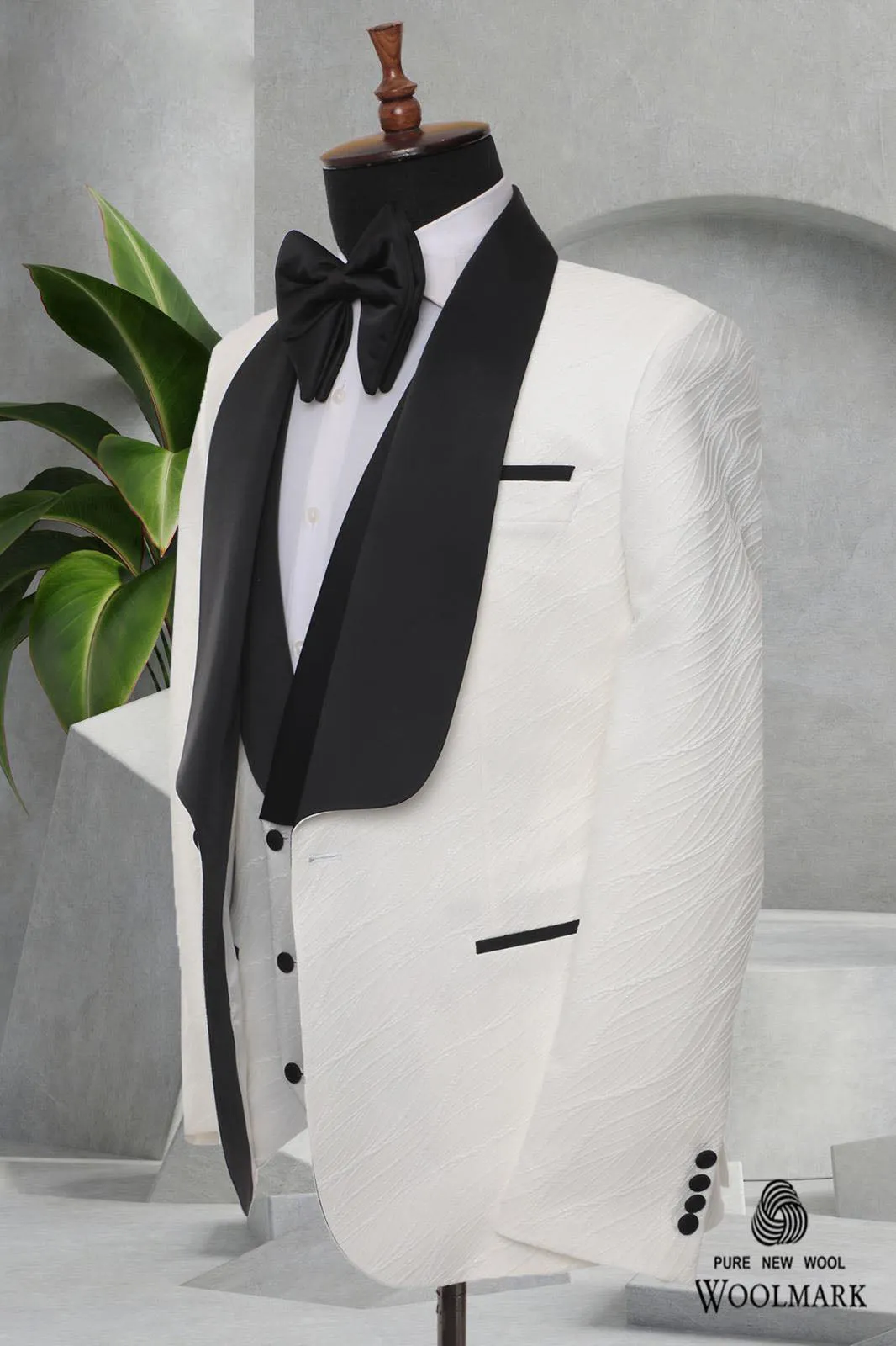 Three Pieces Tuxedo Suit with Contrasting Black Satin Lapel, matching bow tie and Black slacks