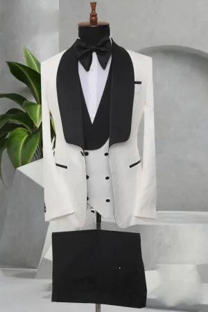 Three Pieces Tuxedo Suit with Contrasting Black Satin Lapel, matching bow tie and Black slacks
