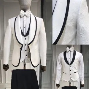 Three Pieces Tuxedo Suit with Contrasting Black tapered Lapel, matching bow tie and Black Pants.