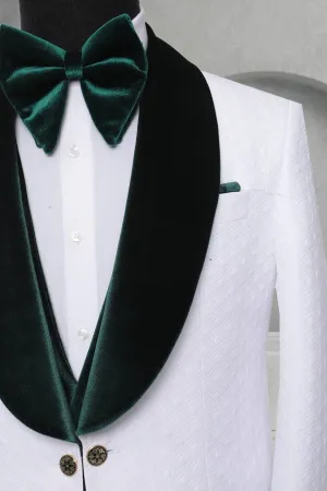 Three Pieces Tuxedo Suit with contrasting green velvet Lapel, matching bow tie and Black Pants.