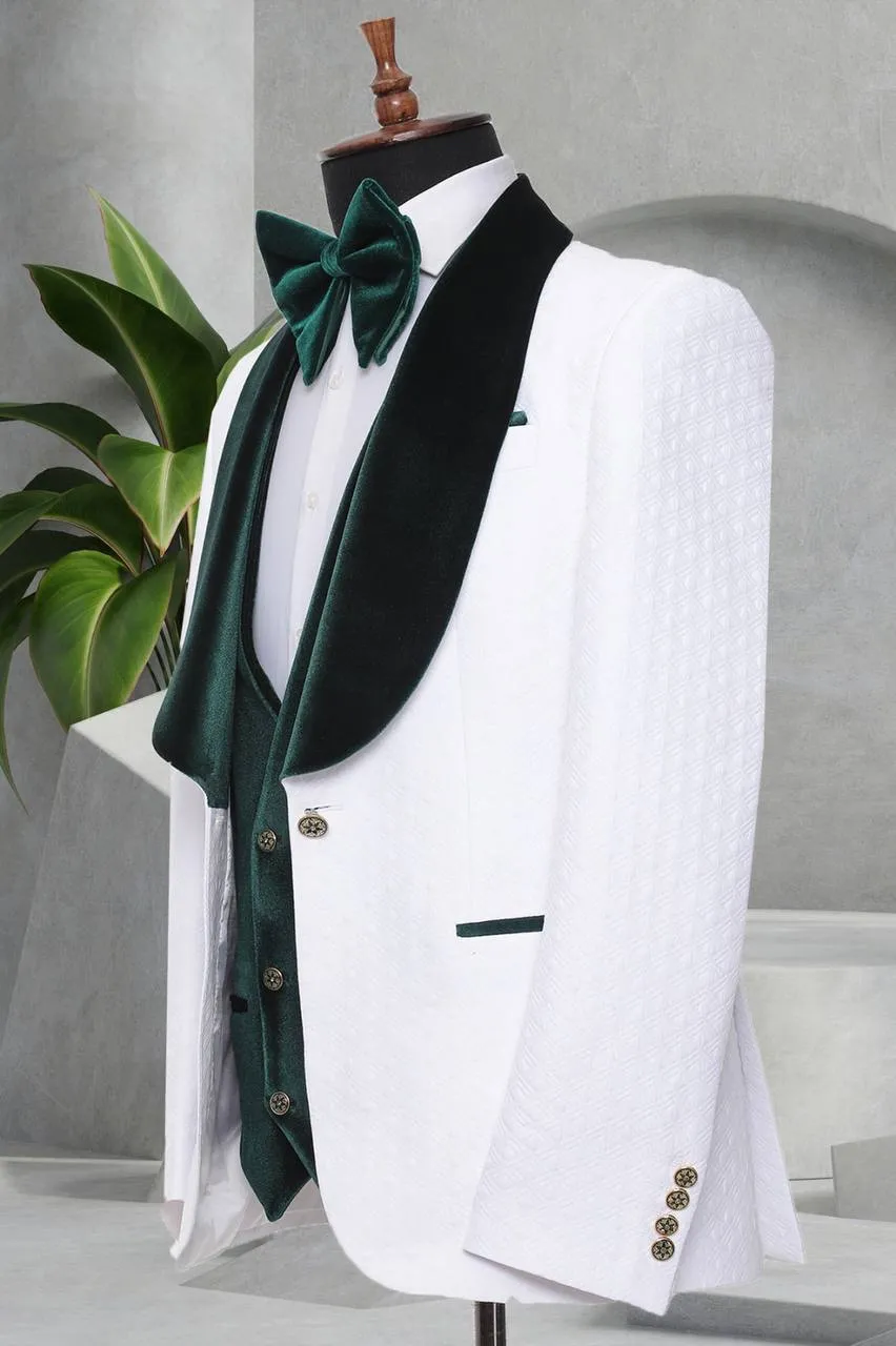 Three Pieces Tuxedo Suit with contrasting green velvet Lapel, matching bow tie and Black Pants.