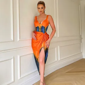 Tie Dyed Printed Sheath Split Sling Slim Dress