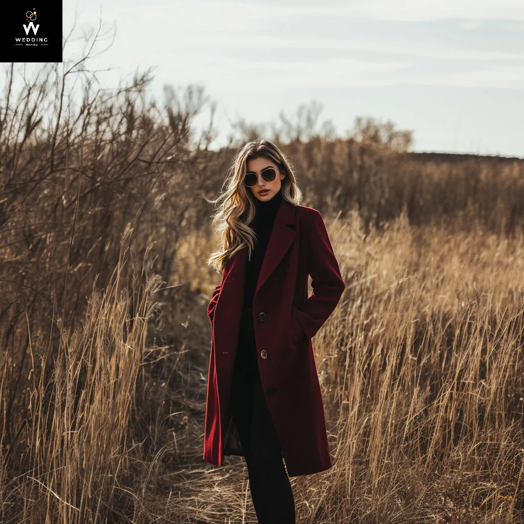 Timeless Women's Burgundy Wool Long Coat – Wide Notch Lapel Winter Overcoat