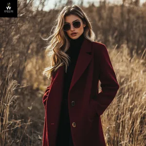 Timeless Women's Burgundy Wool Long Coat – Wide Notch Lapel Winter Overcoat
