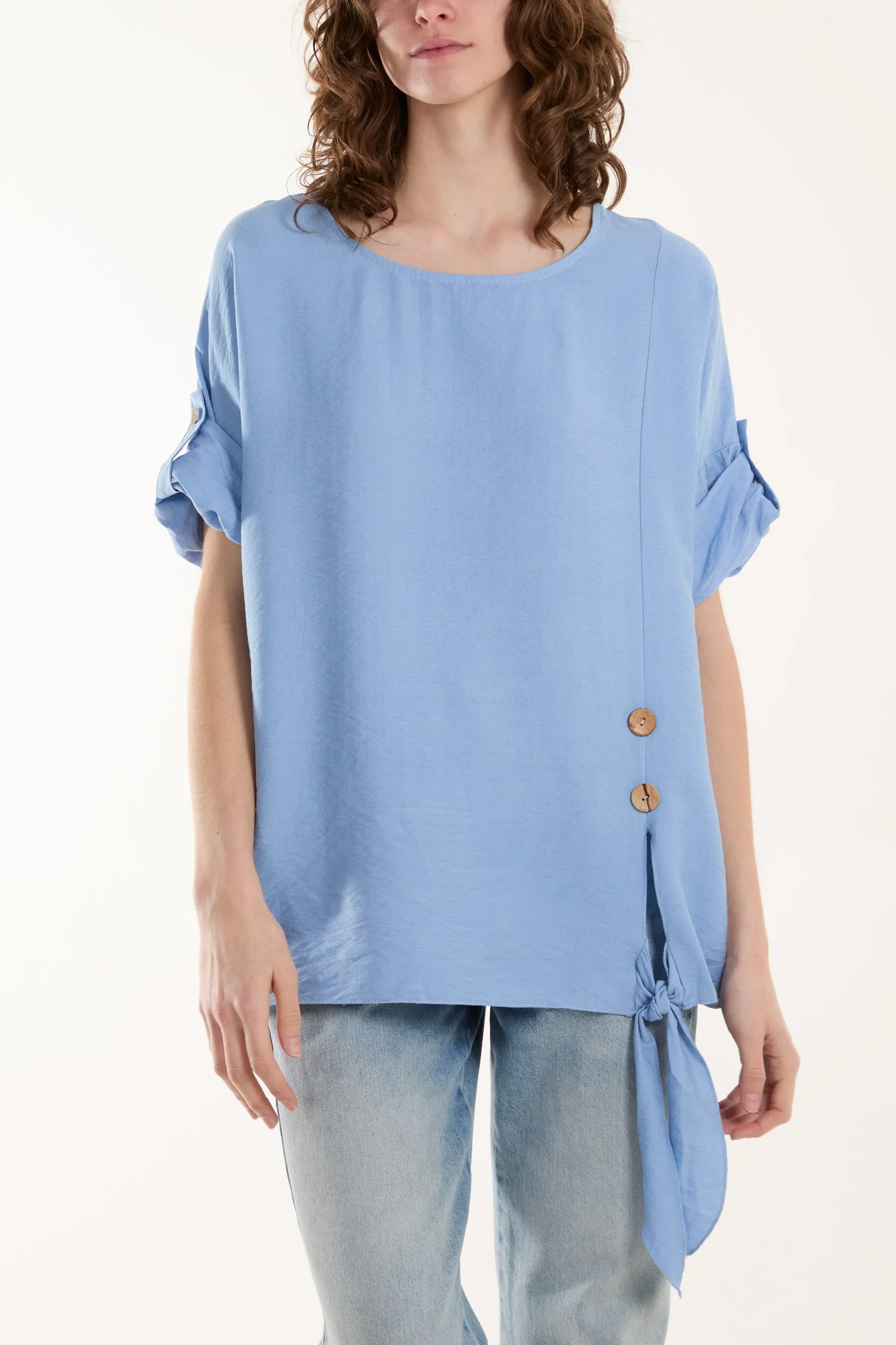 Two Button Front Knot Short Sleeve Top