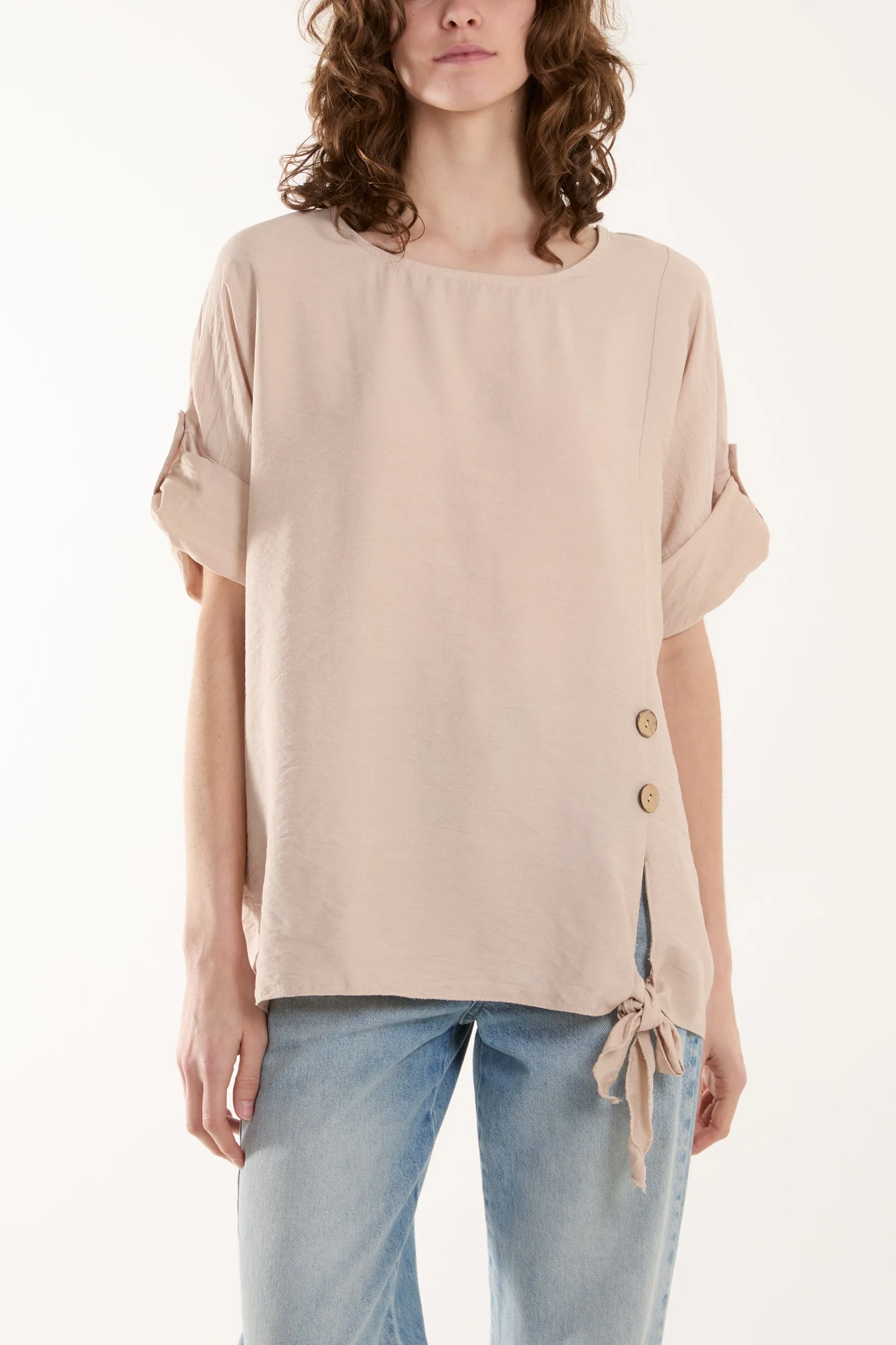Two Button Front Knot Short Sleeve Top