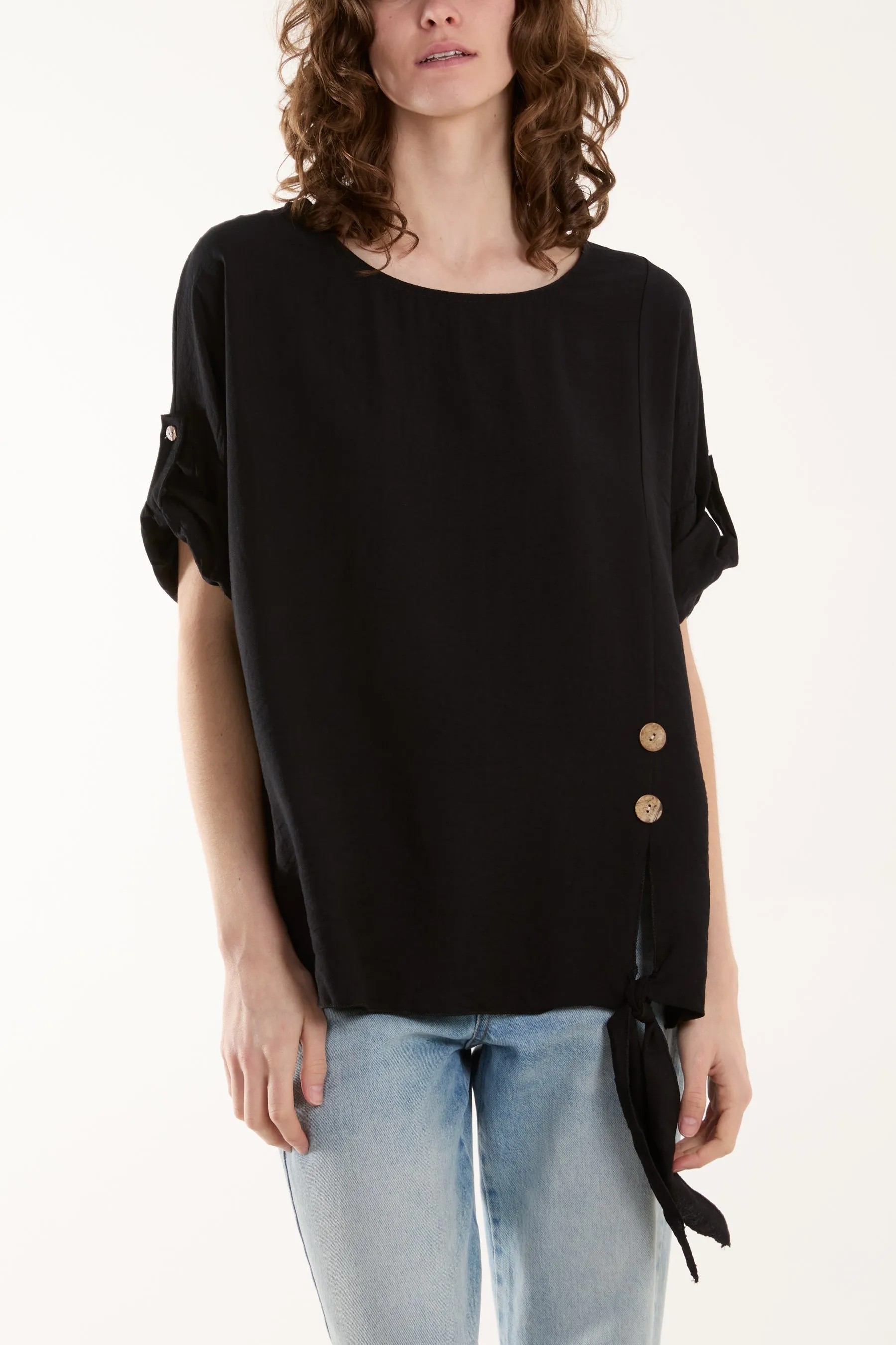 Two Button Front Knot Short Sleeve Top