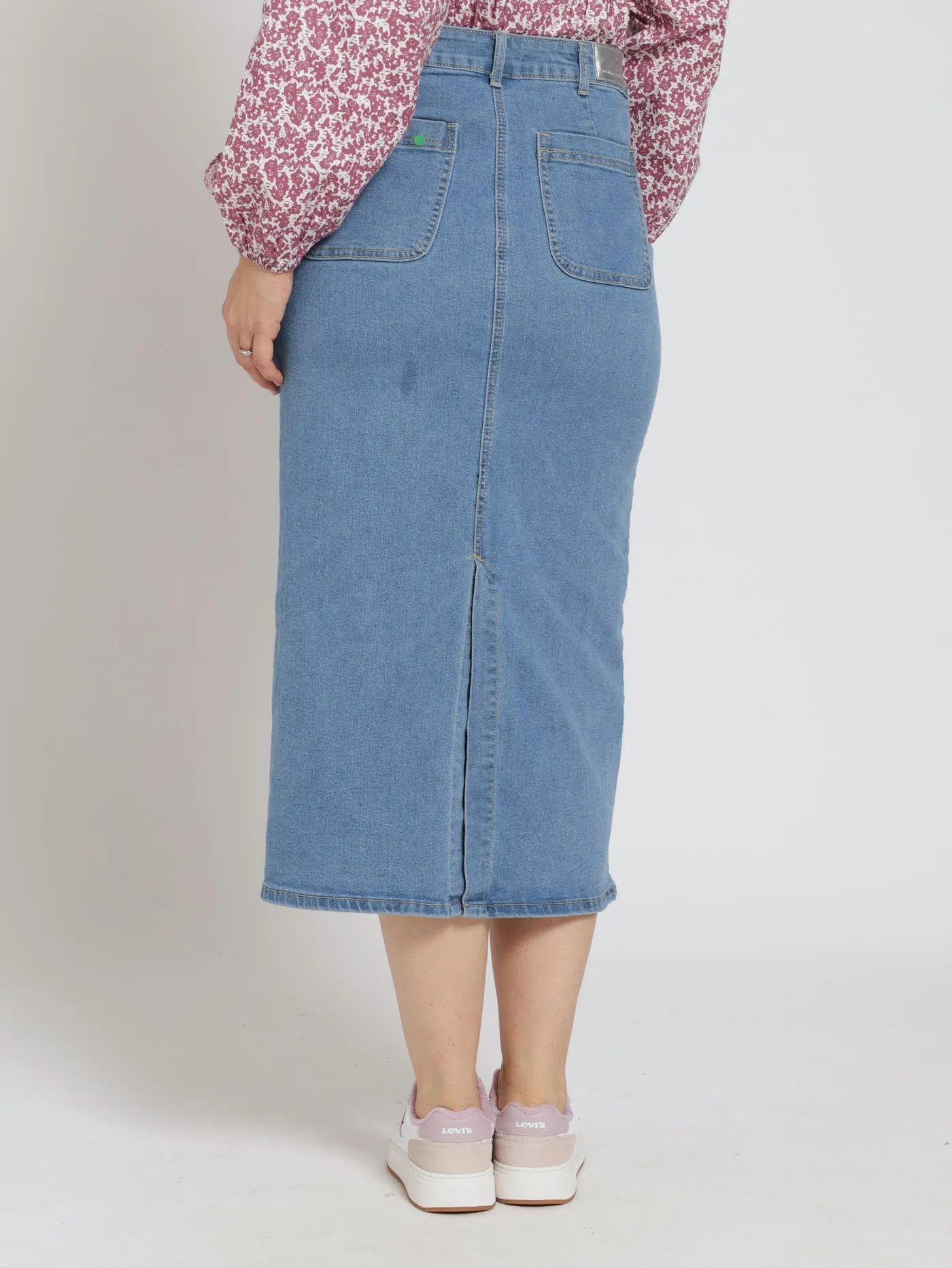 Utility Pocket Denim Pencil Midaxi Skirt - Light Wash