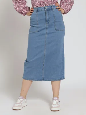 Utility Pocket Denim Pencil Midaxi Skirt - Light Wash