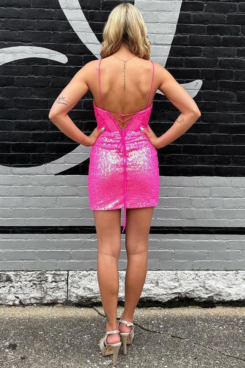 V Neck Sequins Bodycon Short Homecoming Dresses with Slit