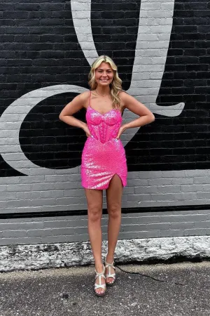 V Neck Sequins Bodycon Short Homecoming Dresses with Slit