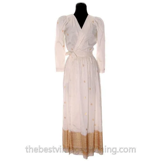 Vintage Dress Gown 1970s Maxi White Silk | Gold Metallic Border Print Paisleys Small