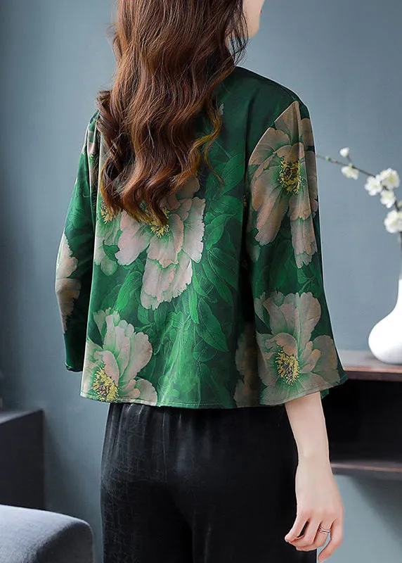 Vintage Green Chinese Button Printed Silk Blouses Bell Sleeves